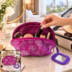 Floral Cosmetic Zipper Pouch with Mirror (20x11 Cm)