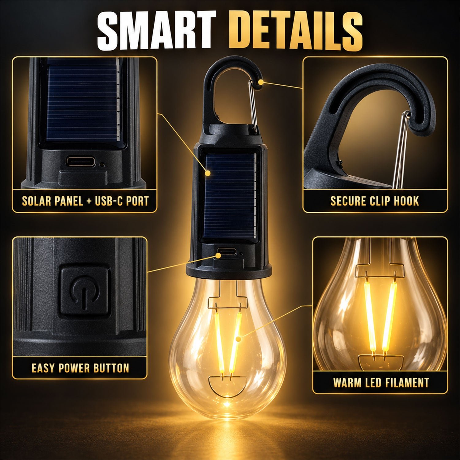 Solar Hanging Camping Lantern, USB-C (1 Pc)